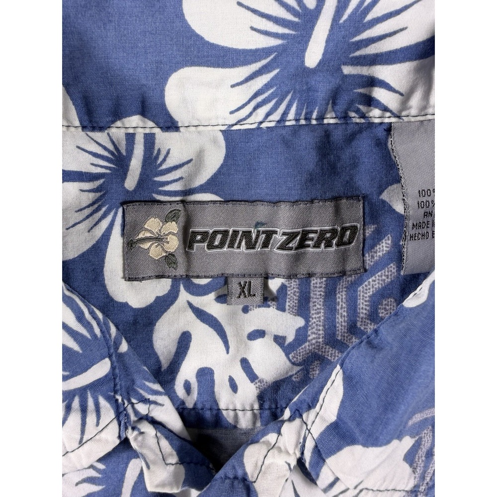 Point Zero Mens Hawaiian Shirt XL Blue Floral Hibiscus Short Sleeve Cotton - Picture 3 of 7